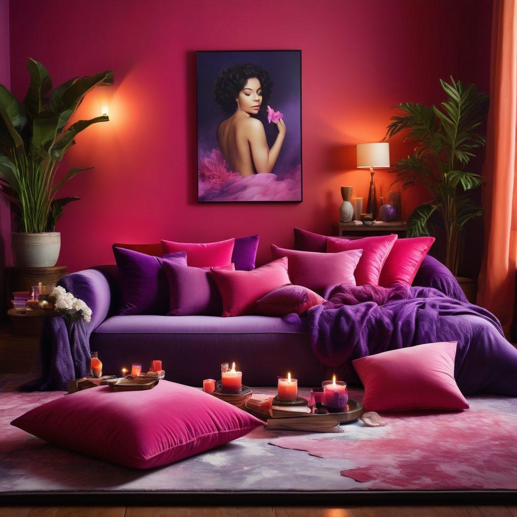A vibrant, playful scene featuring a cozy, inviting room filled with colorful cushions and ambient lighting, suggesting comfort and exploration. In the foreground, an array of artistic representations of sexual wellness products, like candles, books, and playful toys, arranged in a visually appealing manner. The backdrop includes abstract art that celebrates love and passion, with warm hues of red, pink, and purple. Delicate petals scattered around to enhance the whimsical feel. super-realistic. vibrant colors. cozy atmosphere.
