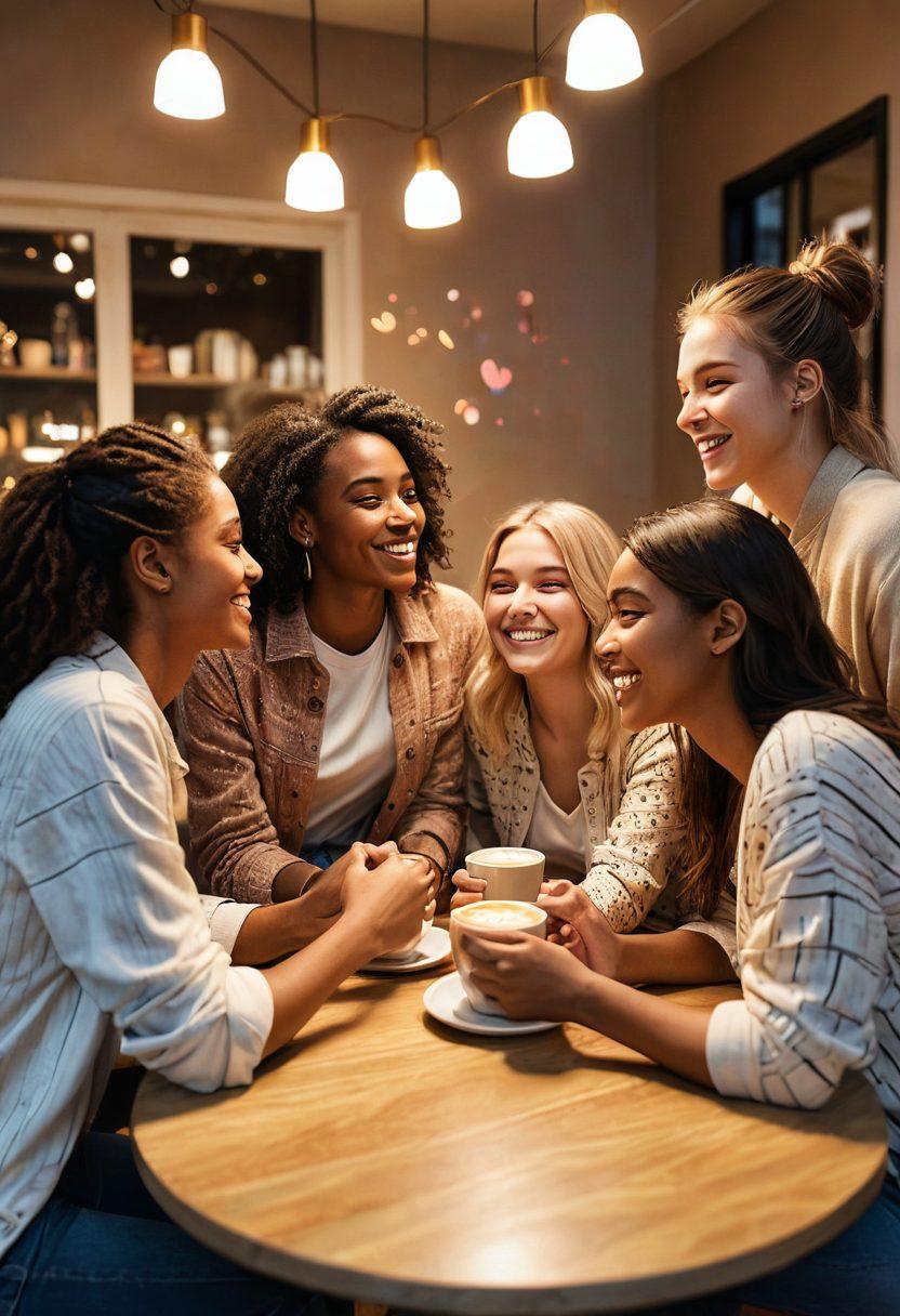 A diverse group of young adults sitting together in a cozy, modern café, engaged in lively conversation, with warm lighting enhancing their friendly atmosphere. Include elements symbolizing connection, like intertwined hands or hearts above their heads. The background features soft colors and abstract patterns suggesting romance and friendship. super-realistic. warm colors. vibrant atmosphere.