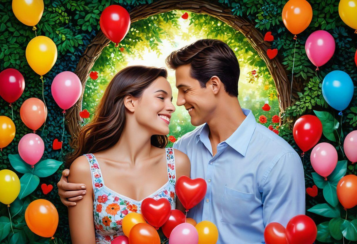 A vibrant mosaic of couples engaging in various intimate and humorous moments, with soft lighting that conveys warmth and connection. Include diverse couples sharing laughs, deep conversations, and playful interactions in a lush, romantic setting. Add subtle symbols of passion, like hearts and roses, intertwined with playful elements like balloons and comedy masks. Bright and inviting colors to evoke feelings of joy and closeness. super-realistic. vibrant colors. soft focus.